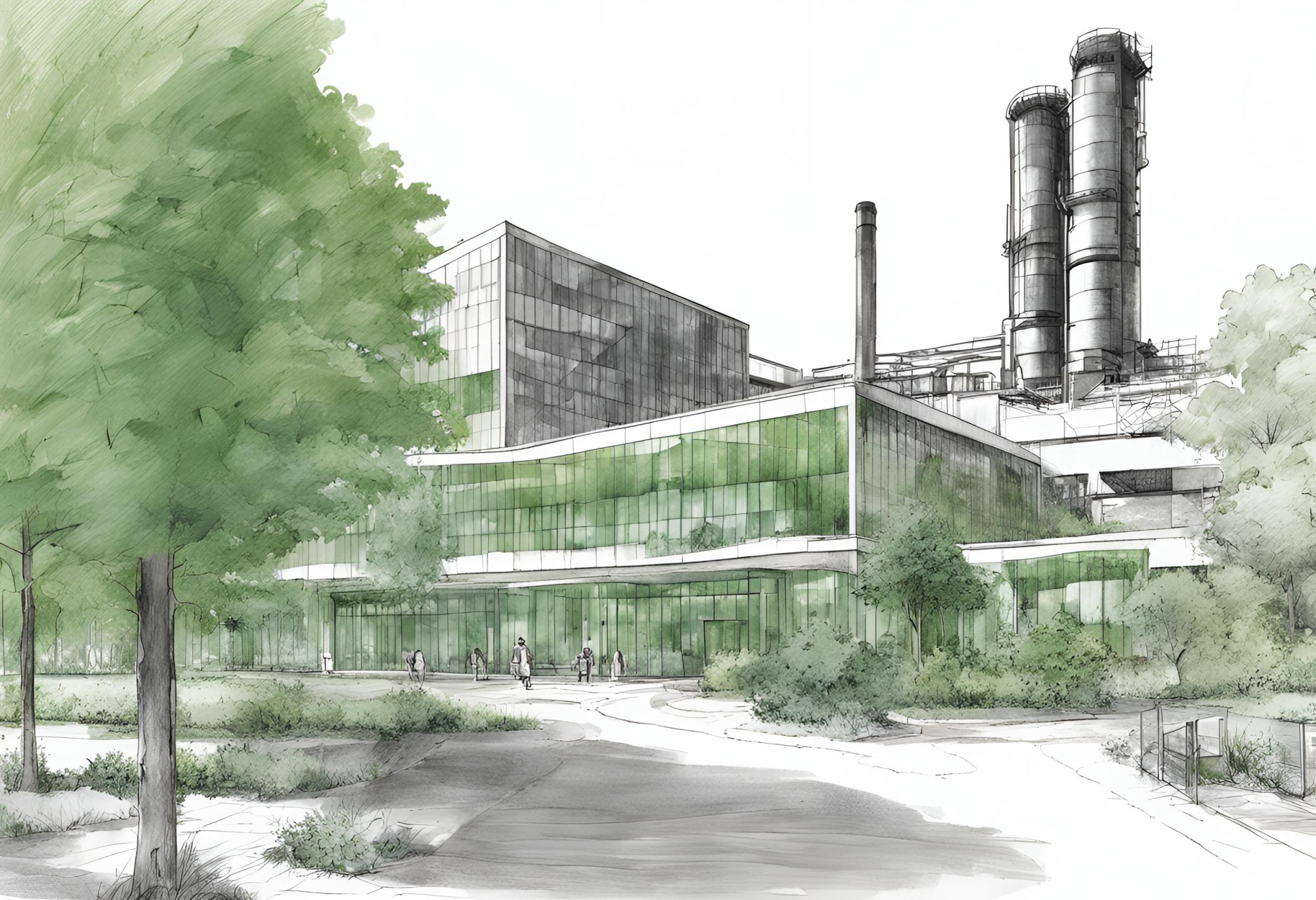 Skizze eines modernen, begrünten Büro-Campus mit altem Hochofen im Hintergrund
