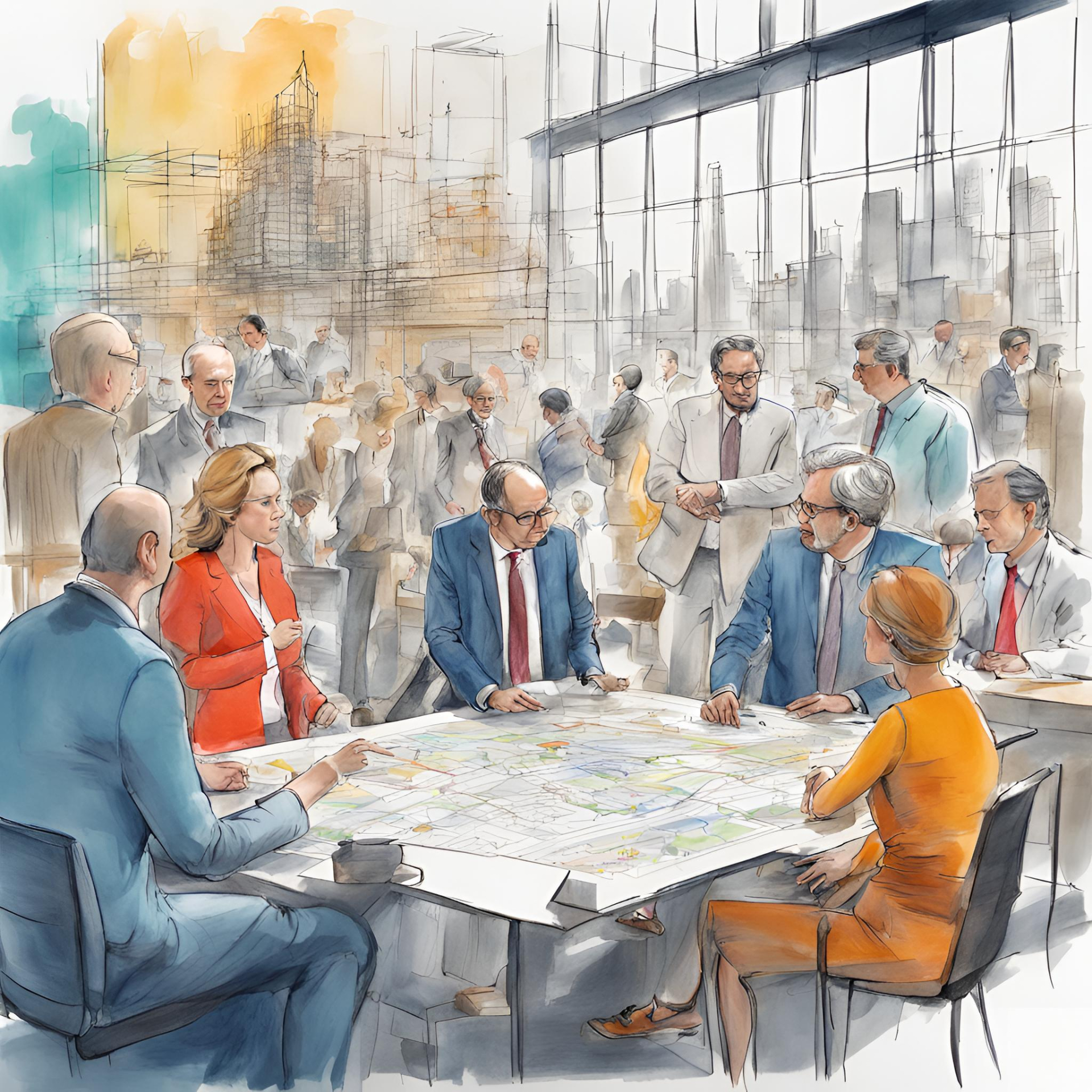 colored Sketch, city planner (woman and man) discussing a modern city with politicans during a creative workshop